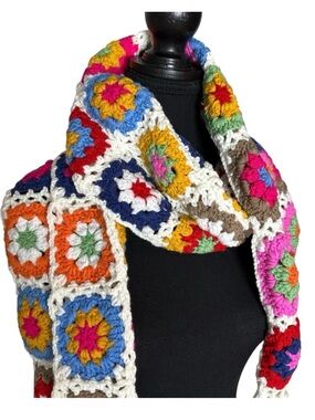 Multicolour Crochet Granny Square Knit Scarf Fringe Grannycore Flower Child Boho